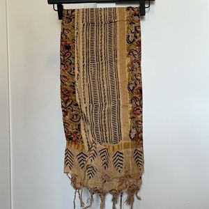 Shimmering Yellow Ochre Scarf with Gold Detailing and Fringe Hem